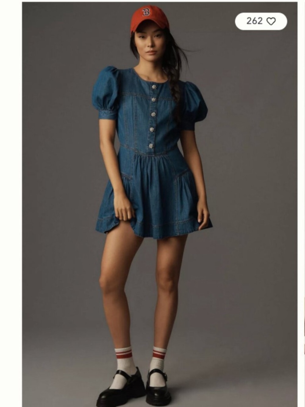 MAEVE Puff Sleeve Tiered Denim Mini Dress with Embellished Buttons